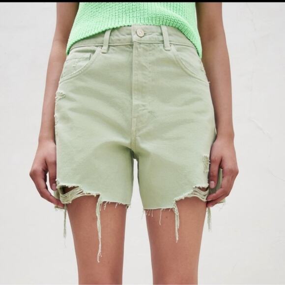 Zara Mint Green Denim Dad Shorts - Picture 1 of 7